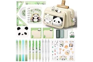 KOSTACHI Trousse Panda Kawaii avec Papeterie, Ensemble de Fournitures Scolaires Kawaii avec Trousse Panda, 4 Stylos Gel, 4 Surligneur, 3 Porte-Mines, 2 Notes Autocollantes, Set Papeterie Panda, Beige