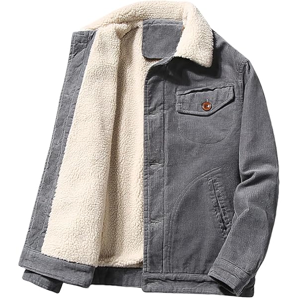 EKLENTSON Mannen Corduroy Jassen Katoen Sherpa Fleece Voering Trucker Jas Winter Thermische Revers Kraag Jas Met 5 Zakken, Grijs, XXL