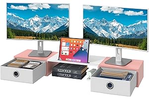 OYRREU Supporto Monitor Scrivania, Supporto 2 Monitor Rialzo Monitor da Scrivania, Supporto per Monitor con Cassetto, Supporto Schermo PC Laptop Computer Monitor Stand Accessori Scrivania (Bianco&Rosa)
