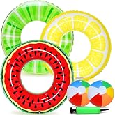 Chennyfun 6Pcs Inflatable Swimming Ring Set for Children and Adults | With Beach Balls and Inflatable Pumps, Watermelon and K