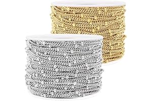 JAYDIS 32.8 FT Stainless Steel Curb Thin Chain Twisted Link Cross Cable Chain 2mm Satellite Beaded Chains Gold & Silver Plated for DIY Jewelry Making