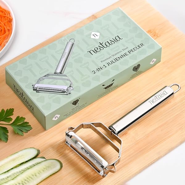 Nestasia 2 in 1 Stainless Steel Julienne Vegetable Peeler for Salad - Multifunctional Dual Blade Kitchen Shredder & Peeler for Fruits, Potatoes, Cucumbers & Car
