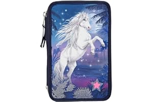 Depesche 10530 Miss Melody - wypełniony 3-krotny piórnik z diodami LED, w stylu Glitter Ocean, piórnik z motywem konia, ok. 7,5 x 13 x 20 cm, z filcowymi i kredkami, linijką, nożyczkami, klejem