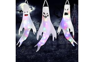 KIMUWOTE 3 Pezzi Manica a Vento Fantasma di Halloween, Fantasma Windsock Decorazione Appesa, Ghost Windsocks con Luce Colorato a LED, per Halloween Decorazioni