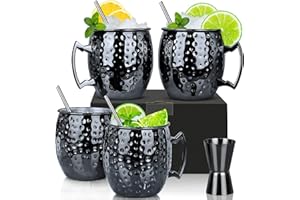 SUPROBARWARE Moscow Mule Mug – Set of 4 with 1/0.5oz 30/15ml Double Jigger, Gunmetal Black Plated Stainless Steel Mug 18oz, Perfect for Cold Drink (4pcs)