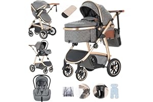 Lnhcrbs Kinderwagen 3 in 1, Baby Kinderwagen ist mit Einstellbarer Höhe Griff, Bergsteiger Kinderwagen mit Anti-Moskitonetz Regen Abdeckung Mumie Tasche Flaschenhalter,for 0-4 Years,22Kg,Grau