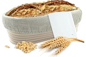 riijk Cestino da Lievitazione per Pane con Staffe in Inox (Ovale, Ø 35 cm) + Raschietto per la Pasta di Pane - Cestino di Fermentazione Naturale - con Panno di Lino