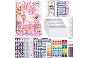 CHARFIA Portfolio A6, Transparent Classeur A6 Anneaux avec Paillettes Brillantes, Porte Documents avec 12 Feuilles de Budget 12 Pochettes Transparentes Zippées Dossier 1 Règle 4 Autocollants