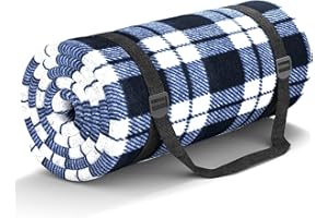 ‎HUTHIM HUTHIM Picknickdecke 200x200cm, Stranddecke Wasserdicht Sandfrei Outdoor Decke Waschbar XXL Picknickdecken, Faltbar Strandmatte mit Schultergurt, ideal für Strand Park (Blaues-Weiß-Gitter)