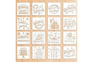 Abeillo 16 stencil Happy Birthday per artigianato, pittura, legno, parete, pavimento, tela e altro ancora, riutilizzabili, materiale PET, 15 x 15 cm