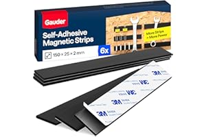 GAUDER Adhesive Magnetic Strips - Strong Magnetic Tape for Attaching Metal Items - Pre-Cut Self-Adhesive Magnet Strips (6 Pieces - 15 cm x 25 mm x 2 mm)