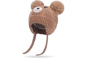 Atsmoce® Gorros de Otoño e Invierno para Bebé Gorro de Punto con Forro Polar Gorro Cálido con Orejeras y Cintas Apto para niños de 3 Meses a 5 años