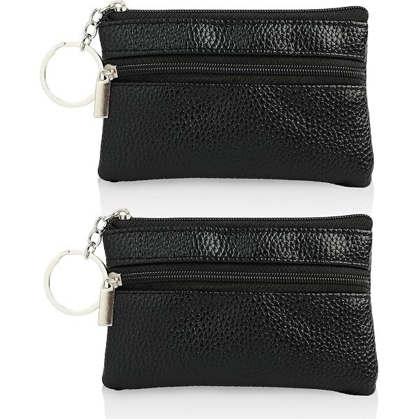 Mini porte-monnaie en cuir véritable avec 2 fermetures éclair et porte-clés pour femme Noir, Noir, 0