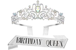 NURPLEXL Geburtstagskrone für Erwachsene Prinzessin Krone - Elegante Birthday Queen Tiara mit Glitzer-Schärpe (Silber) Bedruckbare Schärpe für Geburtstagsparty, Halloween Ball Krone Mädchen Erwachsene