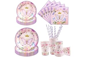 Aitsite 100 Stück Rosa Schmetterling Partygeschirr Set für 20 Gäste, Partyteller, Geburtstag Geschirr, Party Deko Set, Kindergeburtstag Teller Becher Servietten