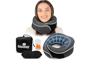 SnoozEasy™ Travel Pillow for Adults | Memory Foam 360 Degree Neck Support with Removable Pillow Case | Includes Travel Bag, Eye Mask and Ear Plugs | Dark Grey | UK Brand