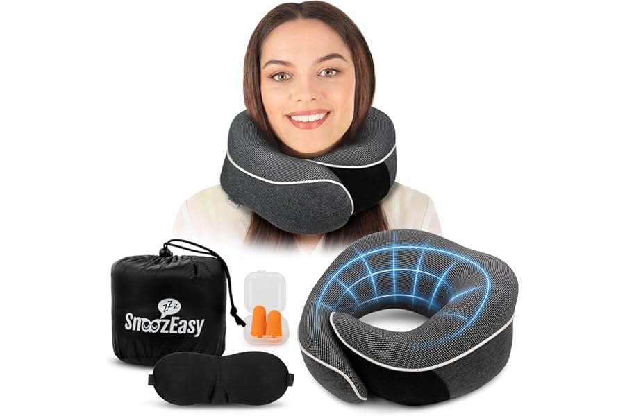SnoozEasy™ Travel Pillow for Adults | Memory Foam 360 Degree Neck Support with Removable Pillow Case | Includes Travel Bag, Eye Mask and Ear Plugs | Dark Grey | UK Brand