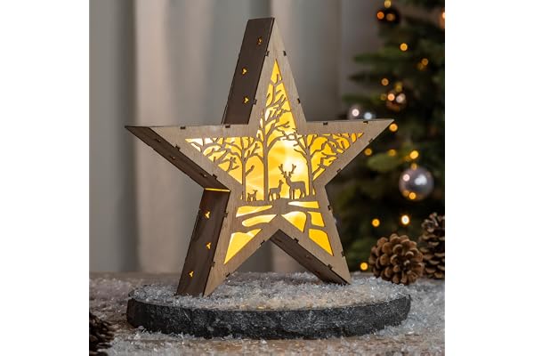 LED-julstjärna av trä, 30 cm – motiv: skog – dekorativt stativ, varmvit belysning – jul, advent, vinter, stjärna, bord, dekoration, belysning, batteridriven