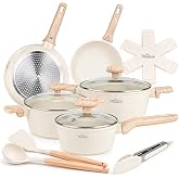 La Moustache - 14 Piece Non-Stick Pots and Pans Set (Latte) | 2 Frying Pans, 3 Saucepans, 3 Lids with Steam Outlet, 3 Utensil