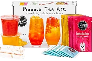 THE *TEASHED Fruit Bubble Tea Kit Gift Box | 6 Servings | Set Includes Mango and Strawberry Syrups, Cherry and Peach Popping Boba, Tea Bags and Paper Straws | by THE TEASHED