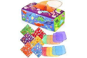 DINORUN Juguetes de Bebe Dinosaurios Juguetes Caja de Pañuelos Juguetes Sensoriales Contiene Toalla de Color por 6-24 Meses Bebé