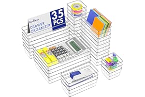 Radikor Lot de 35 Organisateurs de Tiroir, Rangement Tiroir en Plastique Transparent, Bacs de rangement avec 4 Tailles pour salle de bain, coiffeuse, Cuisine, Bureau, Papeterie, per Cosmétiques,Bijoux