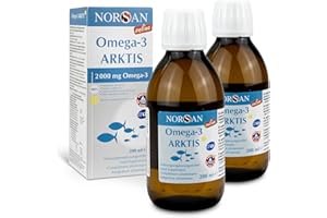‎NORSAN NORSAN Premium Omega-3 Arktis Dorschöl hochdosiert 2x 200 ml - 2.000 mg Omega-3 pro Portion mit Zitronengeschmack - Fischöl mit EPA & DHA - Premium Öl 800 IE Vitamin D3
