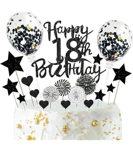 18. Geburtstag Kuchen-Deko-Set – Mit Herz, Stern, Ballon & Papierfächer-Toppern, Silber