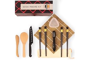 CASSARY Kit sushi complet. Sushi maker kit complet professionnel (15 pièces) Appareil à sushi composé de natte professionnelle en bambou, couteau, moules à nigiri et onigiri, baguettes, cuillère et mélangeur