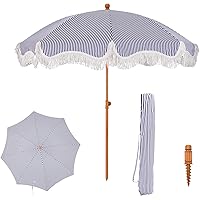 PHI VILLA 2M Beach Umbrella with Sand Screw UV 50+ Fringe Parasol for Beach Garden Patio Pool Patio