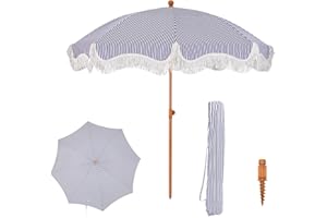 PHI VILLA Parasol Balcony Sun Protection 200 cm Bendable Round with Fringes, Boho Beach Umbrella, Garden, Wind-Resistant Parasols, Balcony Umbrella with Ground Spike for Patio, UPF 50+, Blue with