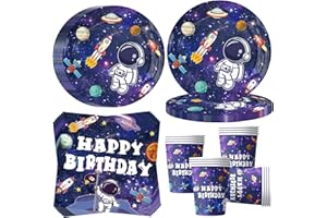 OMZSXK Stoviglie per feste spaziali per 16 ospiti, piatti per feste di astronauti, decorazione per la festa di compleanno, piatti di carta, bicchieri, tovaglioli, decorazione per feste spaziali, razzi