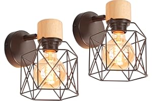 iDEGU 2 Piezas Lámparas de Pared Vintage 15CM Aplique Pared Interior de Madera y Metal Industrial Diseño de Jaula Ajustable Iluminación E27 Luz de Techo para Dormitorio Pasillo Salón Café (Negro)