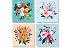 Bowetile 4 Pack Flowers Framed Paint by Numbers for Adults Children, Painting by Numbers Kit for Adults, Beginners Canvas Kits, DIY Acrylic Pigment Drawing Paintwork for Home Decor, 20x20 cm