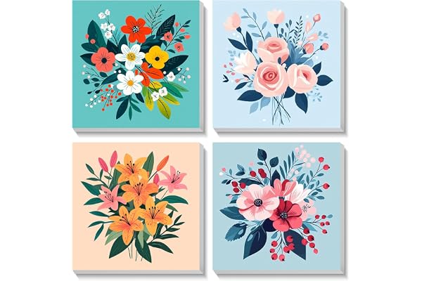 Bowetile Set med 4 inramade målningar efter nummer för blommor för vuxna och barn, måla efter nummer-satser för vuxna, nybörjare, duk-kit, akrylfärgpigment för dekoration