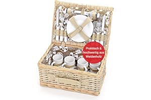 ‎WOMA WOMA Picknickkorb mit Blumenmuster für 4 Personen I Geflochtener Weidenkorb mit Besteck, Geschirr & Weingläsern für Fahrrad & Auto I Moderner Picknickkorb mit Tragegriff & Deckel