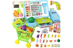 QIQUBOX Jouet Caisse Enregistreuse Enfant Réelle - Jeu de Rôle Supermarché avec Caddie et Argent - Cadeau Éducatif pour Garçons et Filles de 3, 4, 5, 6 Ans (Bleu)