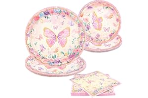 Falafoty Bunte Schmetterling Party Geschirr 40 PCS Party Supplies Dekorationen, Pappteller Tissue Banner Tassen Tischdecke für Hochzeit Geburtstag, Pappteller Party Anzug für Kinder Jungen Mädchen