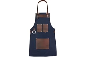 LEATHERSHIRE Top Grain Leather Blue Canvas Apron Butcher Cook, BBQ, Chef, DIY, Woodwork Apron Gift for Him Gift for HerGift for Him Gift for Her