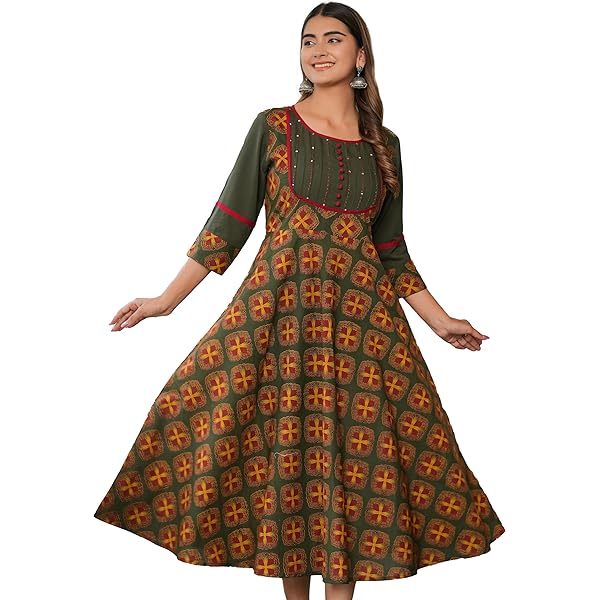 Women's Cotton Slub Ikat Printed Kurti - 3/4 Sleeve Anarkali Kurta For Summer