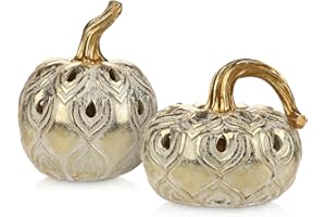 ‎OAIRSE 2er-Set Ruastic Vintage Herbstdeko Kürbis Deko Hohler Kürbis mit Gold-Glitter-Effekt für Herbsthochzeit, Herbst-Wohnkultur, Thanksgiving, Halloweendeko, Herbsthochzeit, Herzstück, Rustikales Dekor