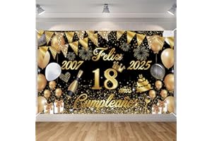Pancarta Feliz Cumpleaños 18 Anos 2007-2025, Seutgjie Happy Birthday Decoracion para Chica Chicos para Fiesta Cumpleaños 18 Oro Negro 180 x 110 cm