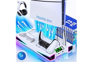 Elegamefy PS5 Standfuß mit Kühler Lüfter, PS5 Controller Ladestation mit Licht, Headset Halterung für PS5/PS5 Slim Disc & Digital Konsole