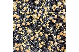 BAKE BOX BOUTIQUE Black gold nude beige neutral Sprinkles for cupcake cookies cake edible toppers metallic pearls balls 100s and 1000s graduation decoration cake cupcake topper new year 20s 30s BLACK WIDOW