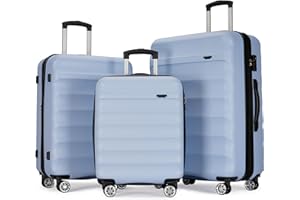 GinzaTravel Lightweight Luggage Set Hard Shell Small & Medium & Large Suitcase with 4 Double Spinner Wheels and Combination Lock, Light Blue, 20 Inch & 24 Inch & 28 Inch