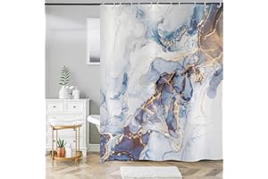 ASDCXZ Marmor Duschvorhang 180x200 cm, Modern Abstrakt Kunst Blau Gold Weiß Marmor Optik Textur Bad Waschbar Duschvorhänge Polyester Textil Wasserdicht Badevorhang für Badewanne mit 12 Haken