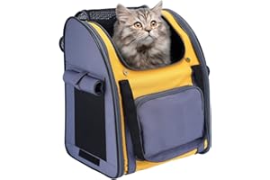 PETTOM Sac Dos Transport Chat/Petit Chien(40x34x26cm), Sac Transport Pliable et Grand Espace, Bonne Ventilation avec 3 Ouvertures, Sac Solide en Tissu Oxford(Gris+Jaune)