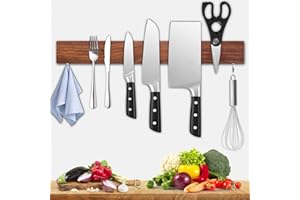 Dmore Barre Magnétique pour Couteaux de 40 cm en Noyer - Support Mural avec 2 Crochets, Sans Perçage, Ruban Adhésif et Vis pour Ustensiles