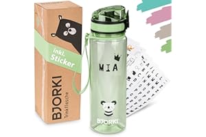 BJORKI® Butelka do picia dla dzieci, szczelna, 500 ml, w zestawie z naklejkami z imieniem – idealna do szkoły, przedszkola i sportu – nadaje się do napojów gazowanych – wytrzymała butelka na wodę dla