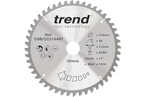 Trend Wood Cordless ATBR Mitre Saw Blade, 216mm Diameter, 30mm Bore, 48 Teeth, 2.2mm Kerf, +7° Hook, TCT, Fine Finish, CSB/CC21648T